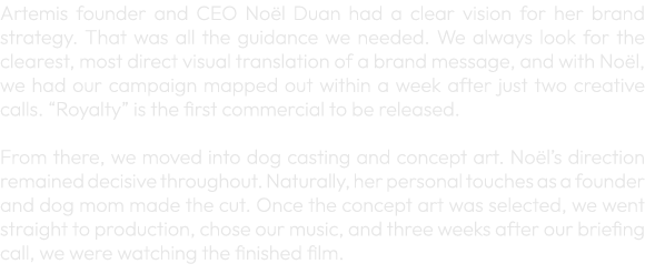 Artemis founder and CEO No l Duan had a clear vision for her brand strategy. That was all the guidance we needed. We ...